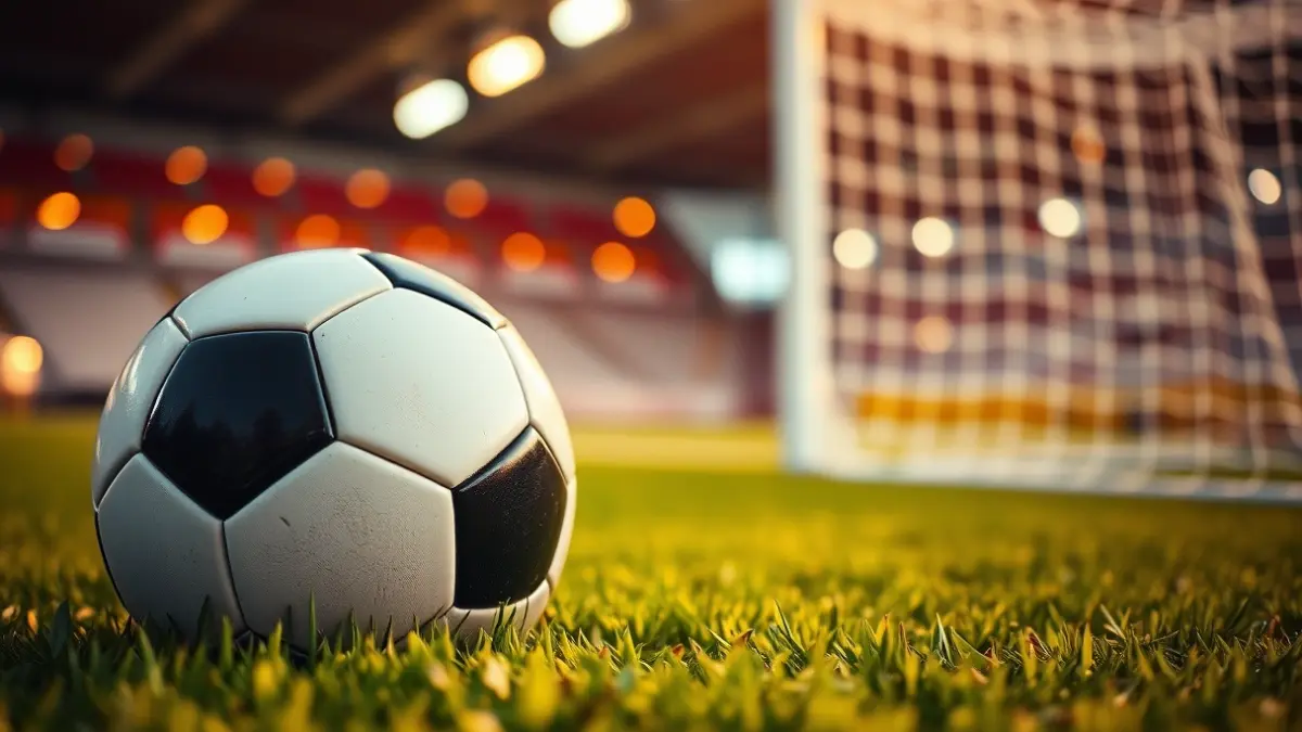 Generic image of a soccer ball on a grass field, with a blurred goal in the background.
