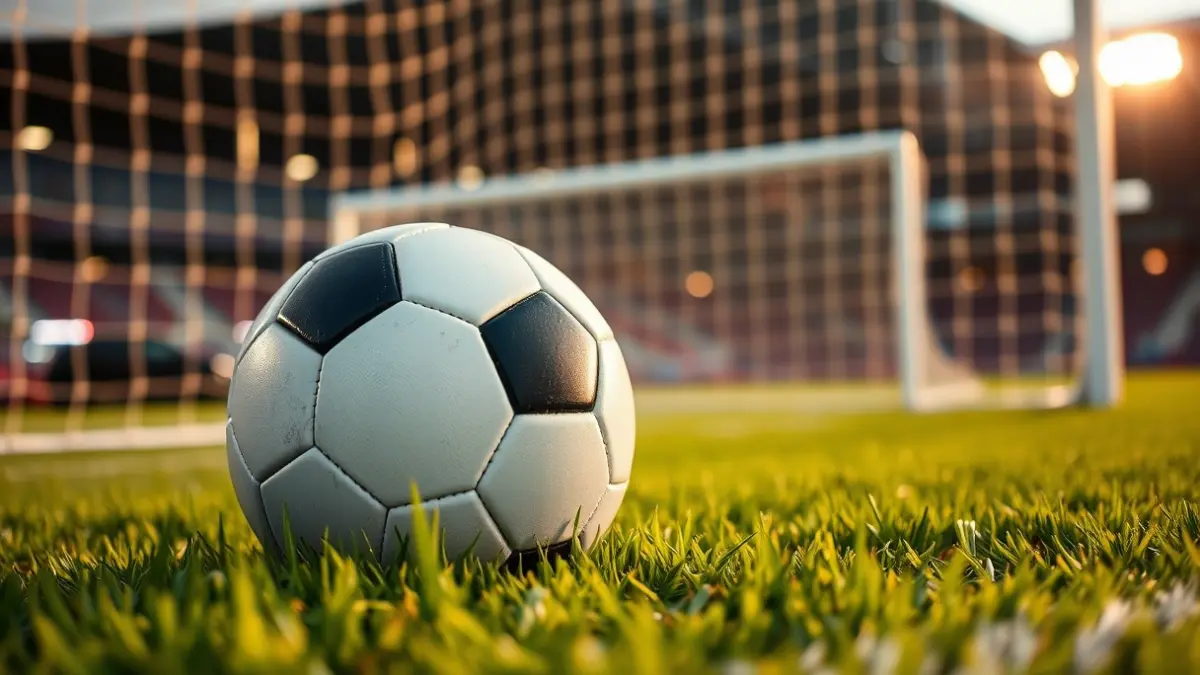 Generic image of a soccer ball on a grass field, with a blurred goal in the background.