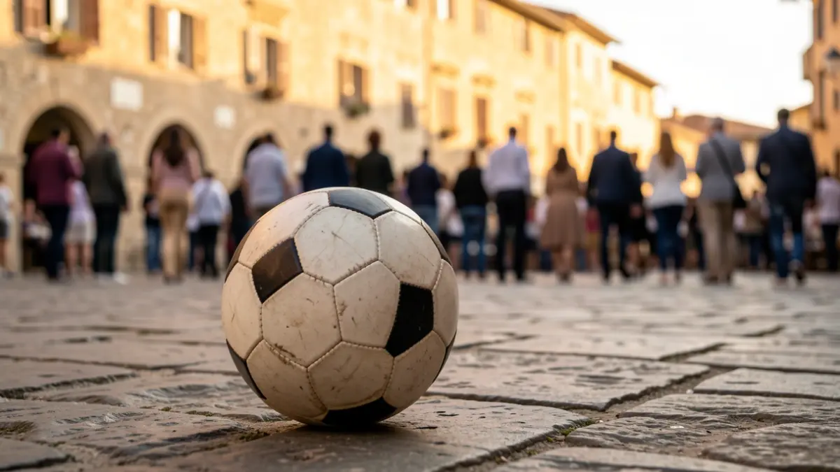 Imatge d'una pilota de futbol en una plaça empedrada d'Elx.