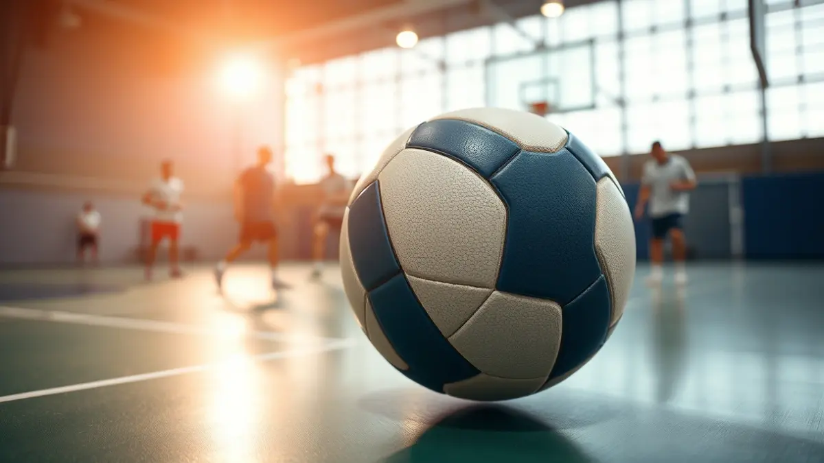 Imatge genèrica d'una pilota d'handbol en una pista, amb jugadors desenfocats al fons.