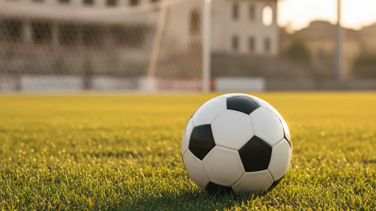 Imagen genérica de un balón de fútbol sobre el césped de un campo, con la portería desenfocada al fondo.