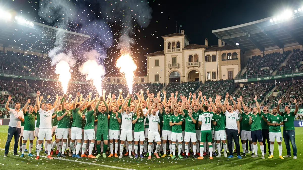 Imatge genèrica de seguidors de futbol celebrant amb bengales i confeti en un estadi.