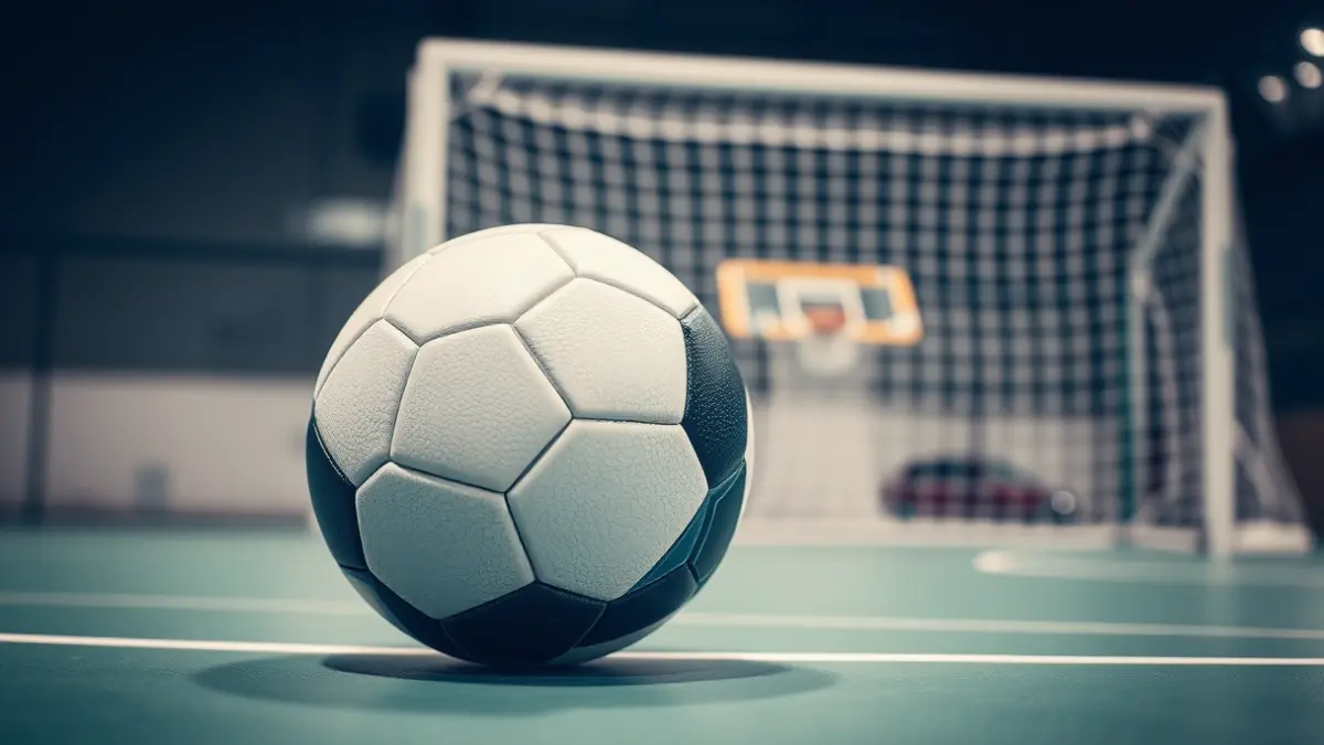 Imatge genèrica d'una pilota de balonmano en una pista, amb la porteria desenfocada al fons.