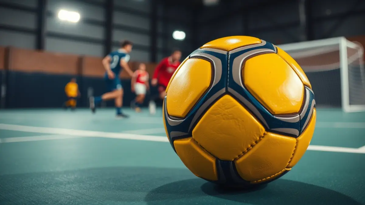 Imatge genèrica d'una pilota d'handbol en una pista, amb jugadors desenfocats al fons.