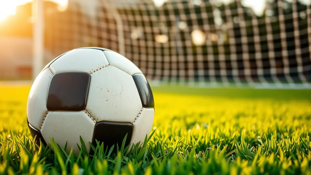 Generic image of a soccer ball on grass, with a blurred goal in the background, under evening light.