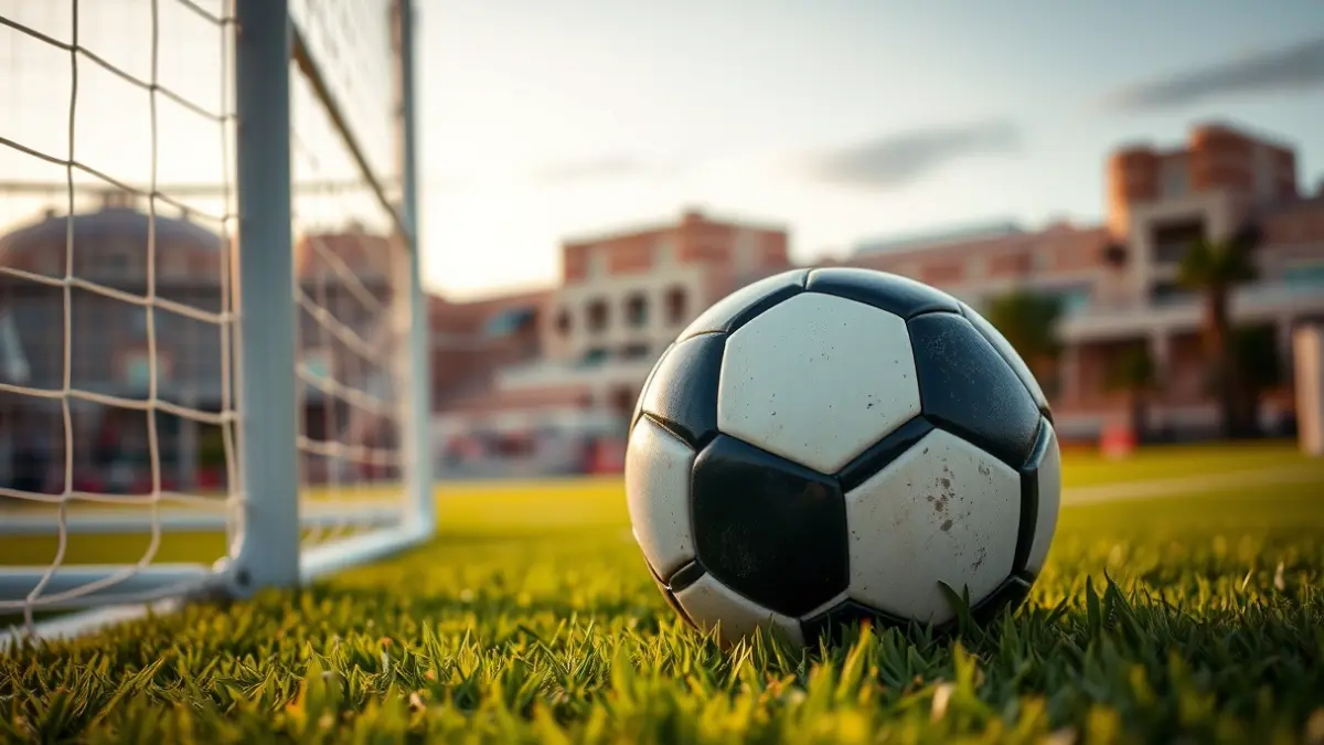 Generic image of a soccer ball on stadium grass, with a blurred goal net in the background.