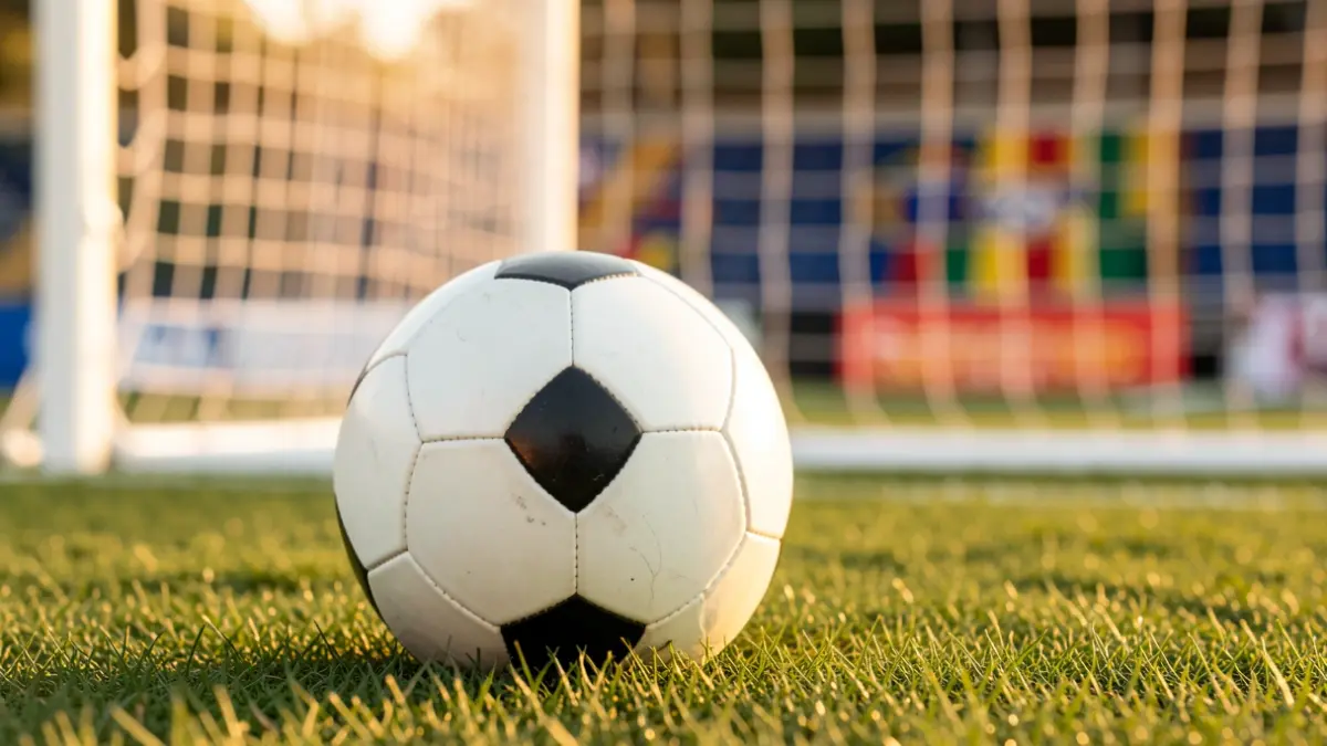 Imatge genèrica d'una pilota de futbol sobre gespa amb la xarxa de la porteria desfocada.