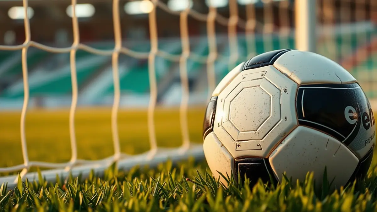 Imagen genérica de un balón de fútbol en el césped de un estadio, con la portería desenfocada al fondo.
