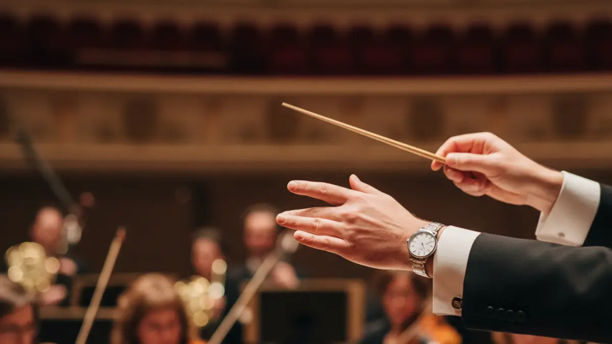Imatge genèrica d'unes mans de director d'orquestra amb batuta, amb l'orquestra desenfocada al fons.