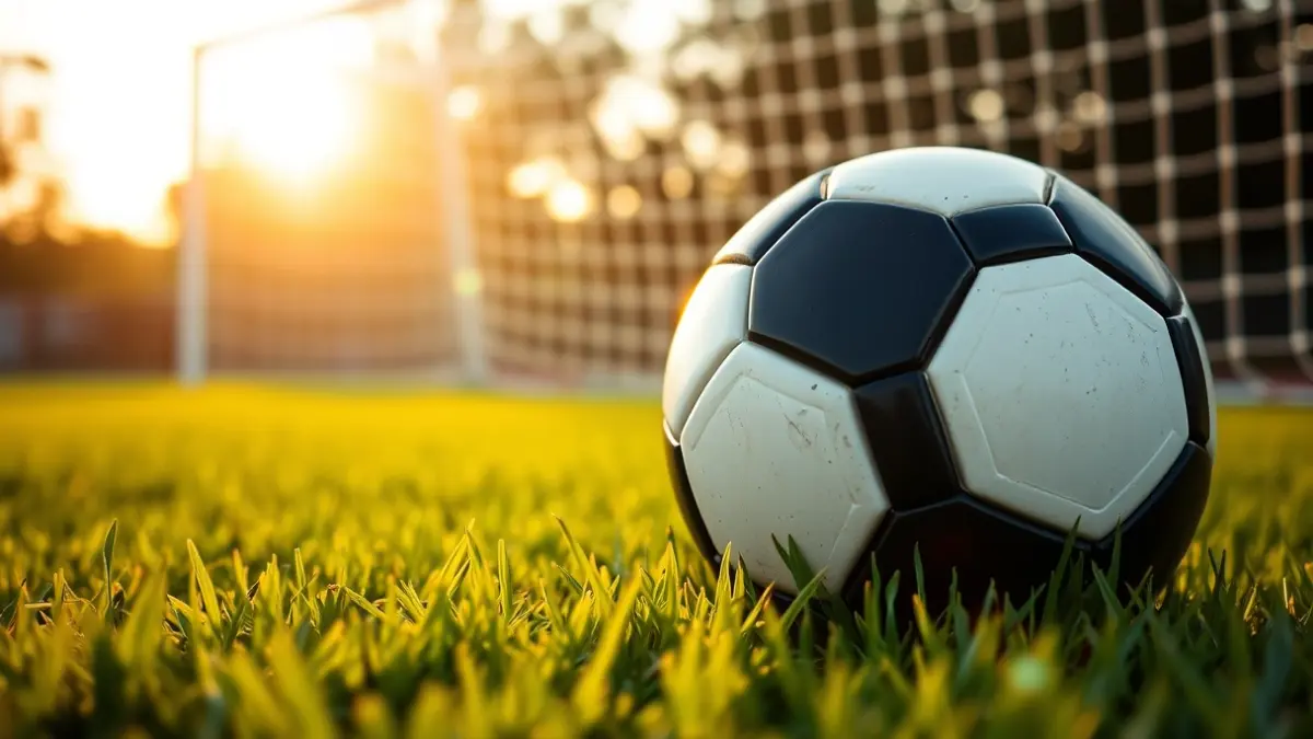 Generic image of a soccer ball on a green field, with a blurred goal net in the background.