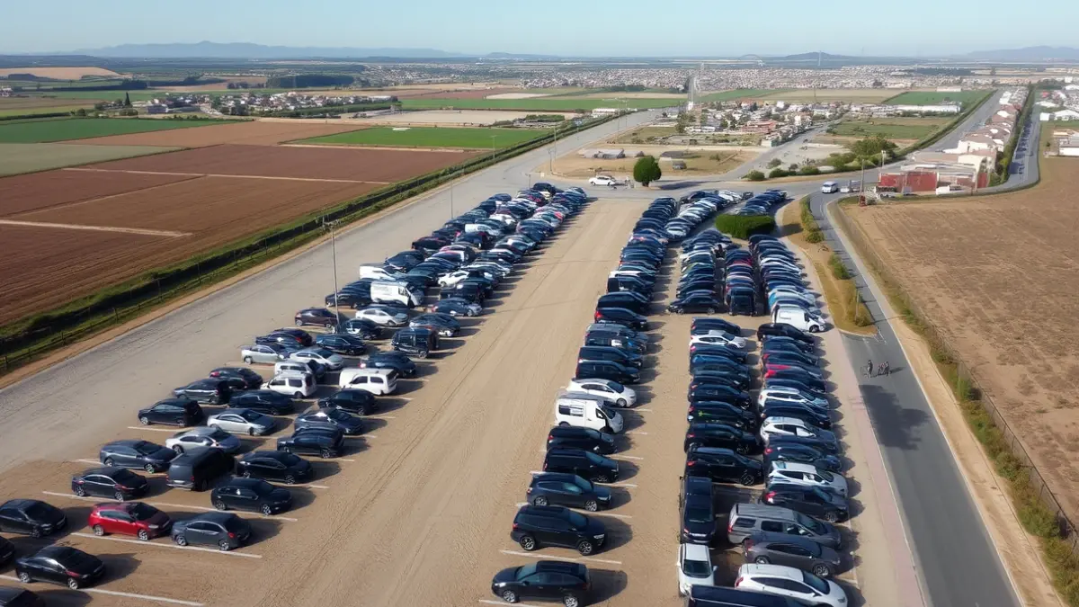 Aerial image of a large parking lot full of rental cars, next to a road and a bike path, with agricultural fields and urban buildings in the background, in a Mediterranean landscape.