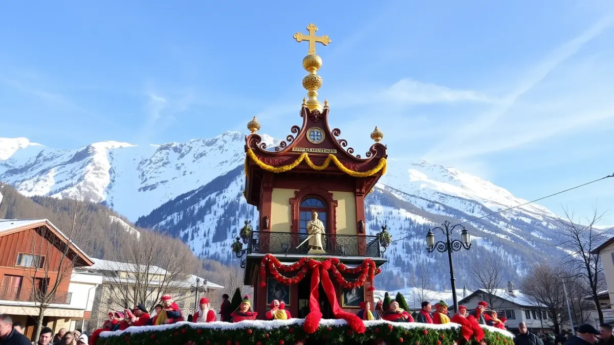 Imatge d'un monument faller amb elements valencians i suïssos, amb les muntanyes dels Alps de fons, en una celebració festiva.
