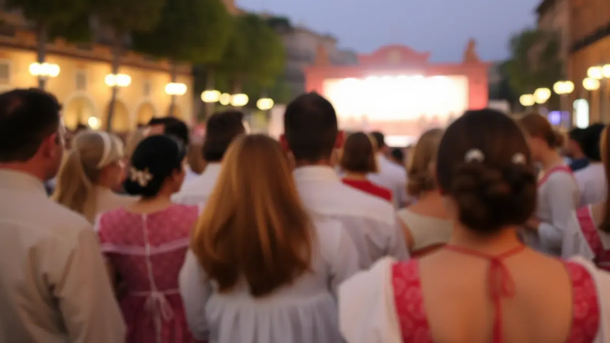 Imatge d'una multitud borrosa de persones vestides amb indumentària tradicional valenciana, ballant en una plaça.