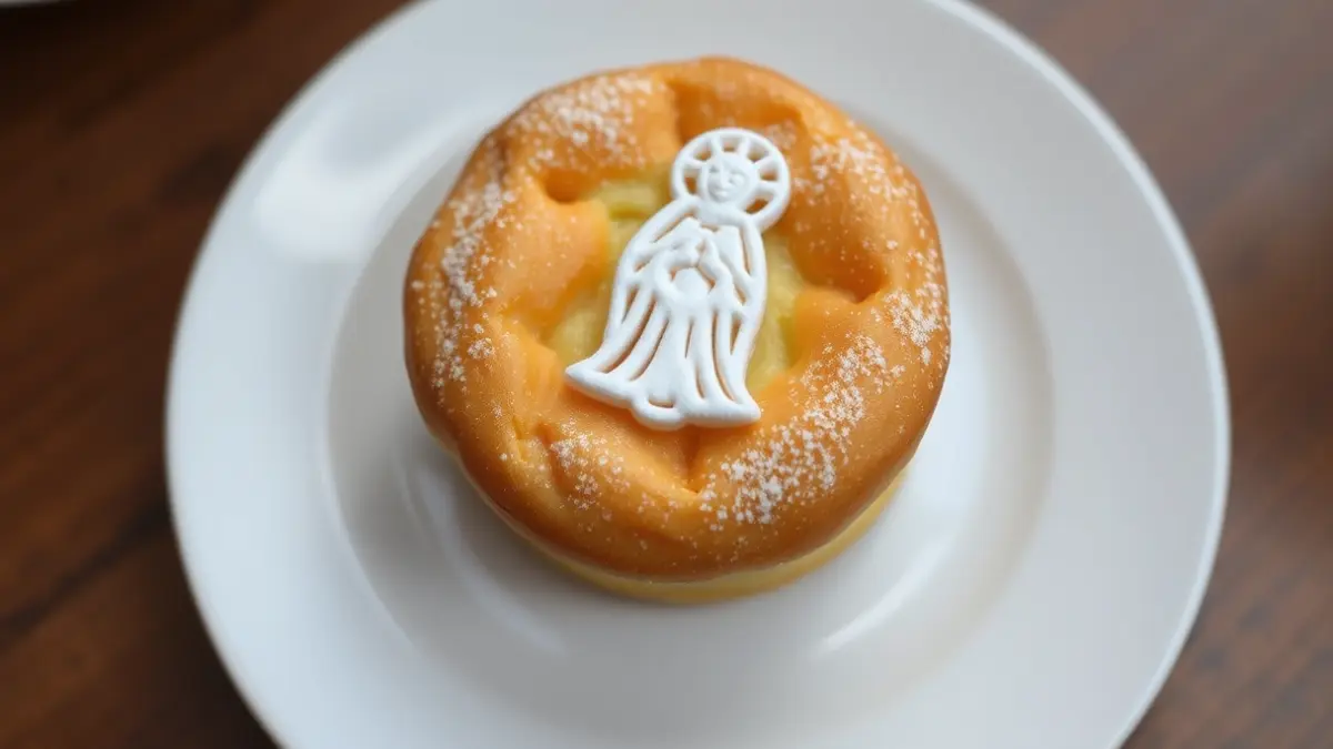 Imagen de una Geperudeta, el dulce tradicional valenciano con la silueta de la Virgen de los Desamparados.