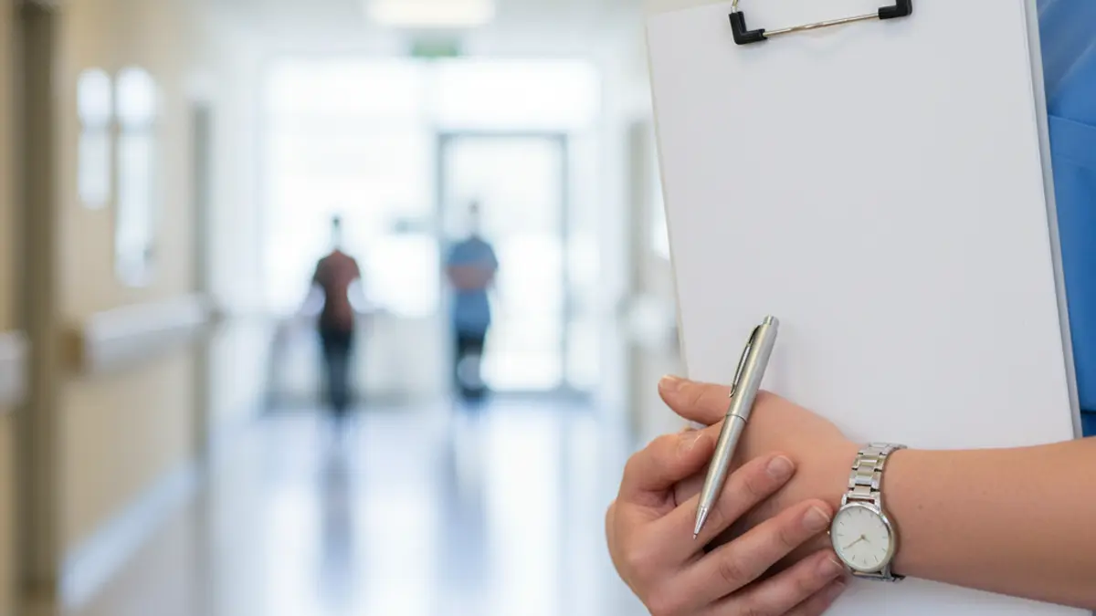 Generic image of a nurse's hands holding a medical chart, with a blurred hospital corridor in the background.