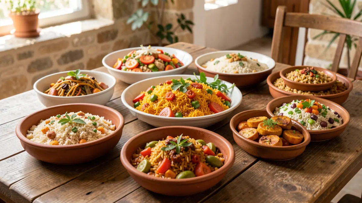 Generic image of various rice dishes attractively presented in a Mediterranean setting.