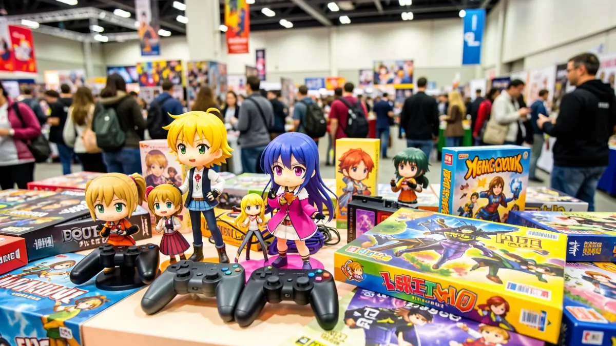 Generic image of geek culture elements like cosplay, video games, and board games in an event venue.