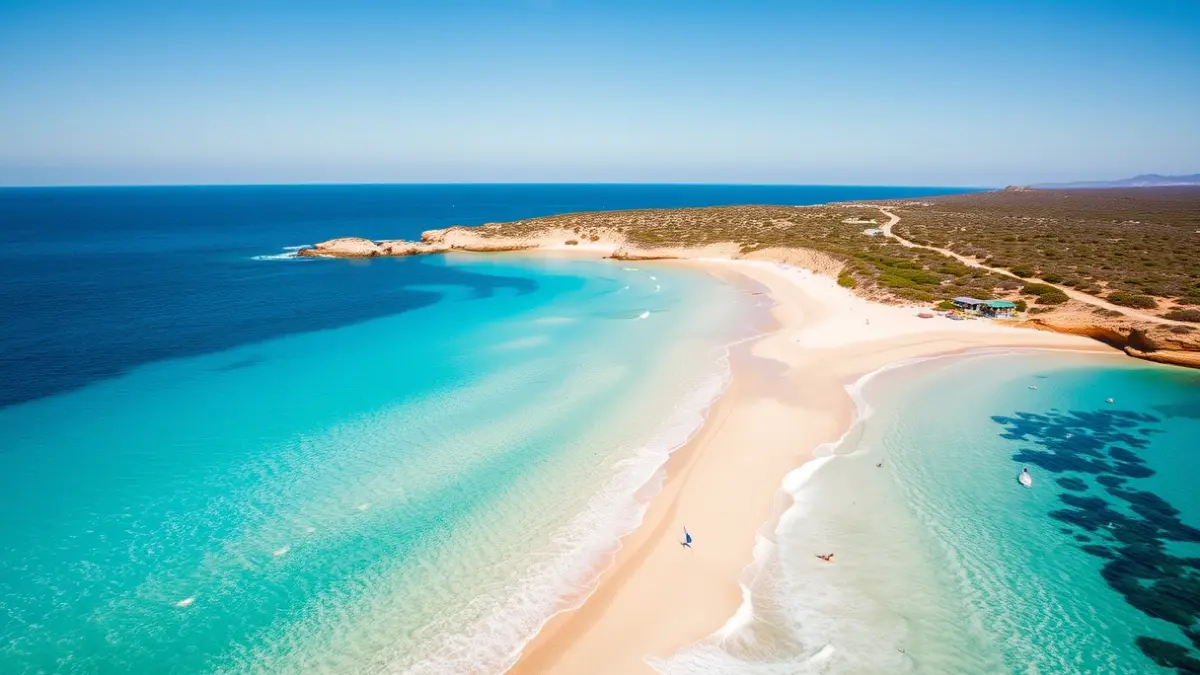 Aerial image of a beach with a blue flag in Marina Alta.