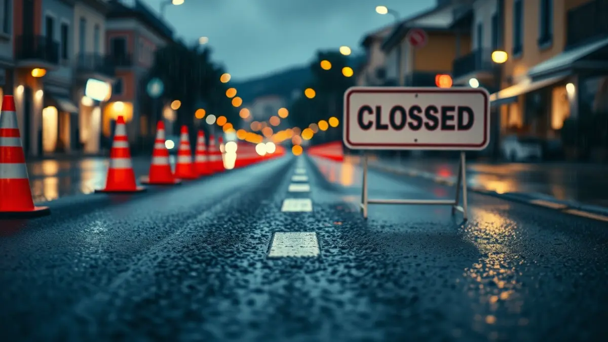 Generic image of a road closed due to rain in a Mediterranean city.
