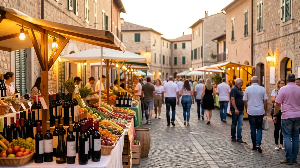 Generic image of a wine fair in a Mediterranean town with stalls, local products, and people.