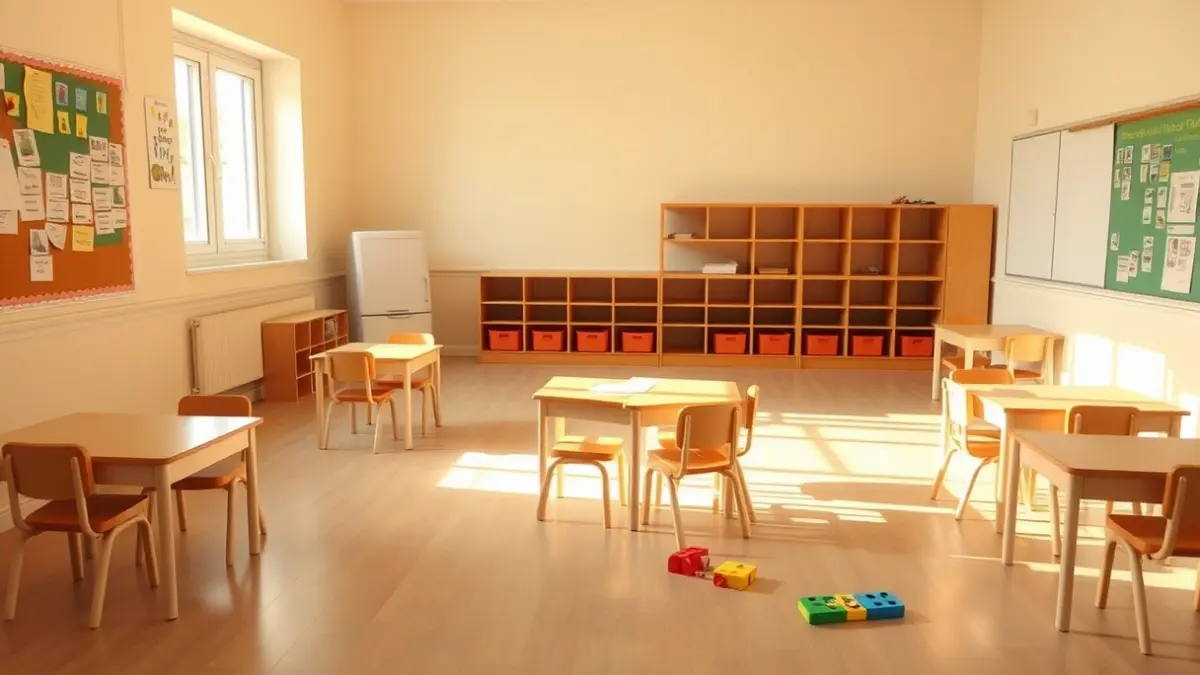 Generic image of an empty early childhood education classroom, with small chairs and tables, and toys on the floor.