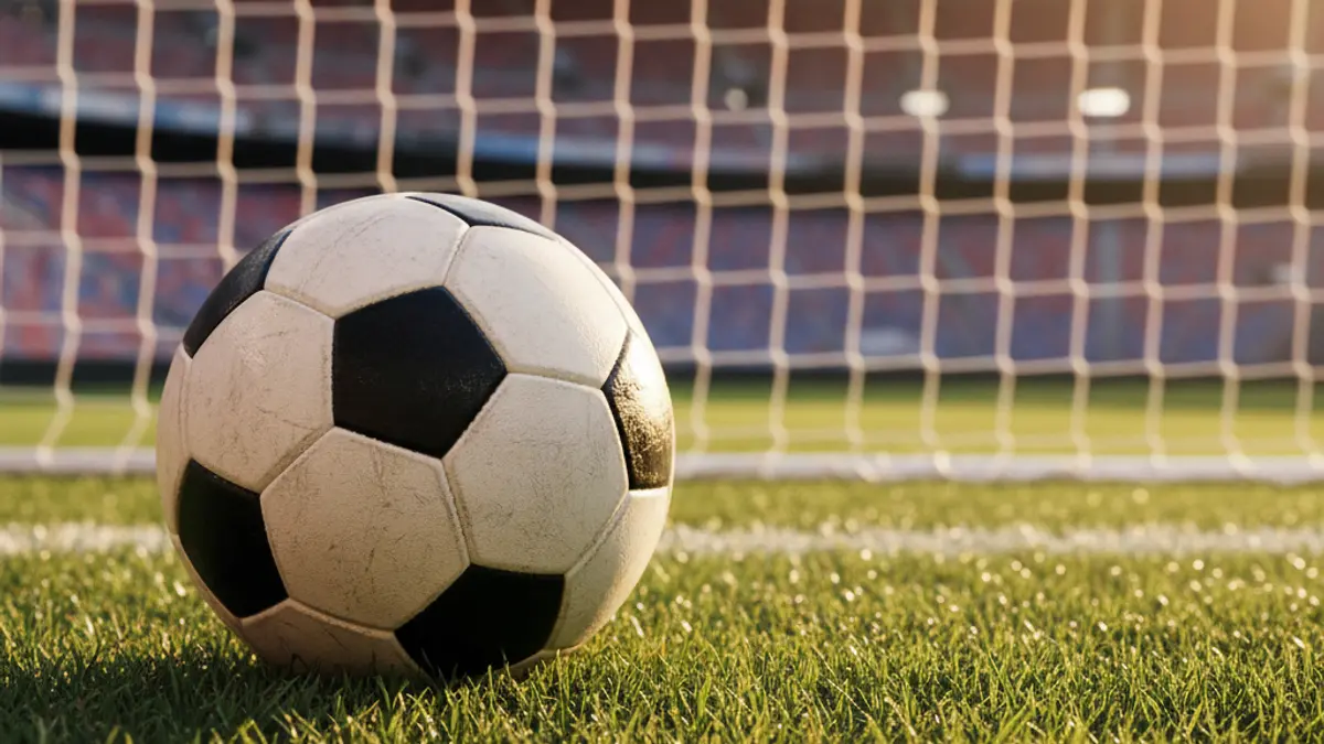 Generic image of a soccer ball on a green field, with a blurred goal in the background.