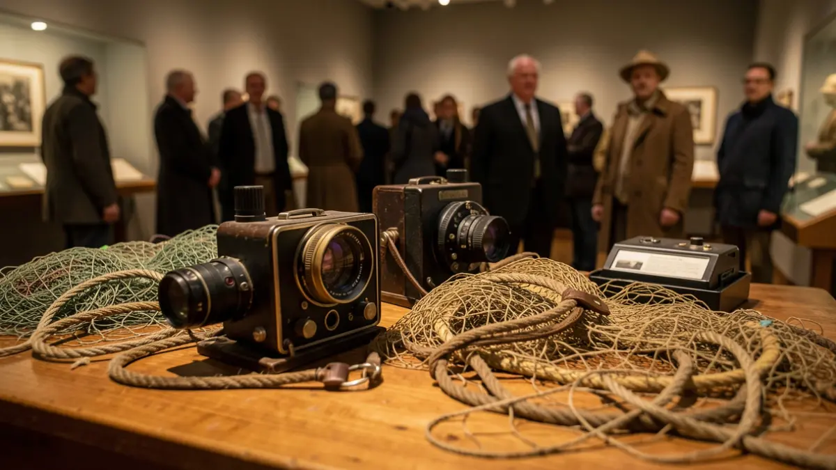 Imagen de equipo fotográfico antiguo y redes de pesca en una exposición cultural.