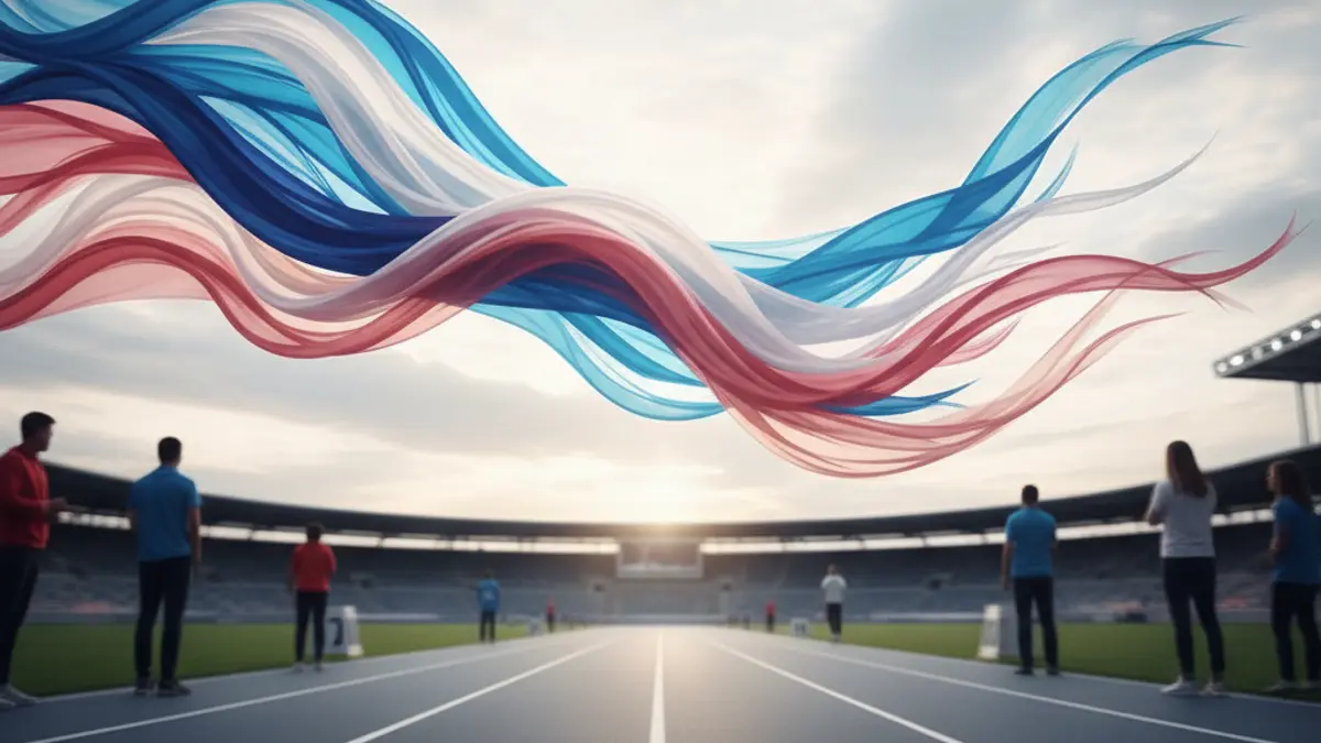Abstract image of a blue, pink, and white flag waving over an athletic track, symbolizing freedom and triumph.