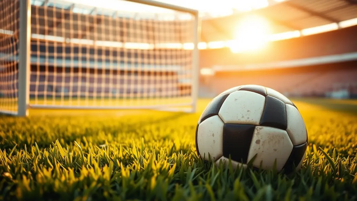 Generic image of a soccer ball on stadium grass, with blurred goal net in the background.