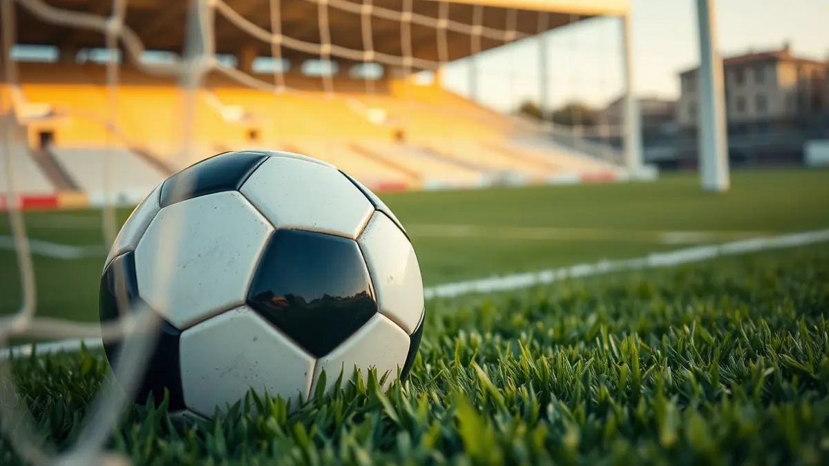 Imatge genèrica d'una pilota de futbol en la gespa d'un camp, amb la porteria desenfocada al fons.