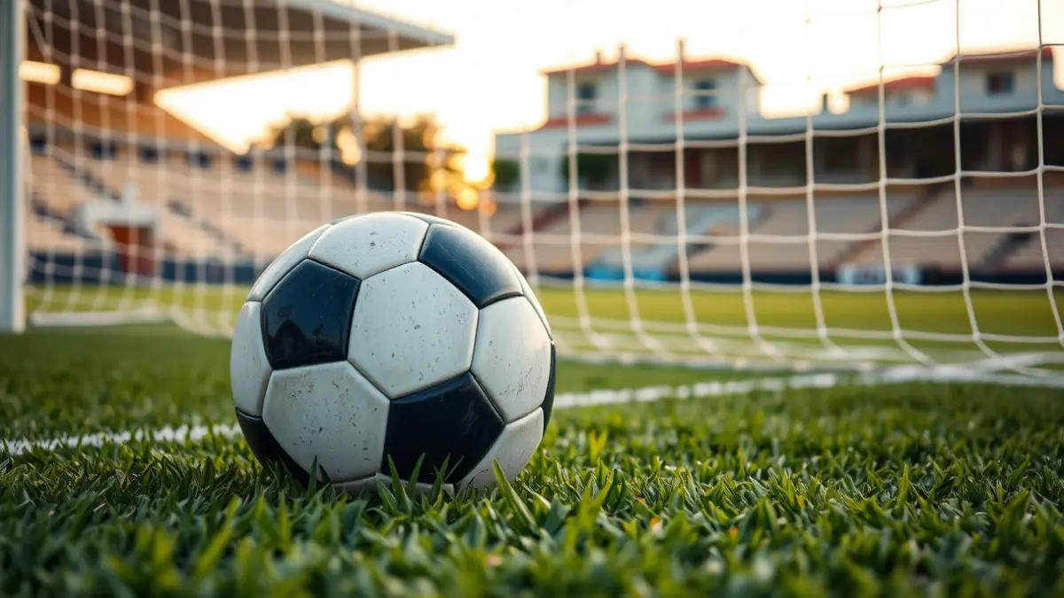 Imagen genérica de un balón de fútbol en el césped de un estadio, con la portería desenfocada al fondo.