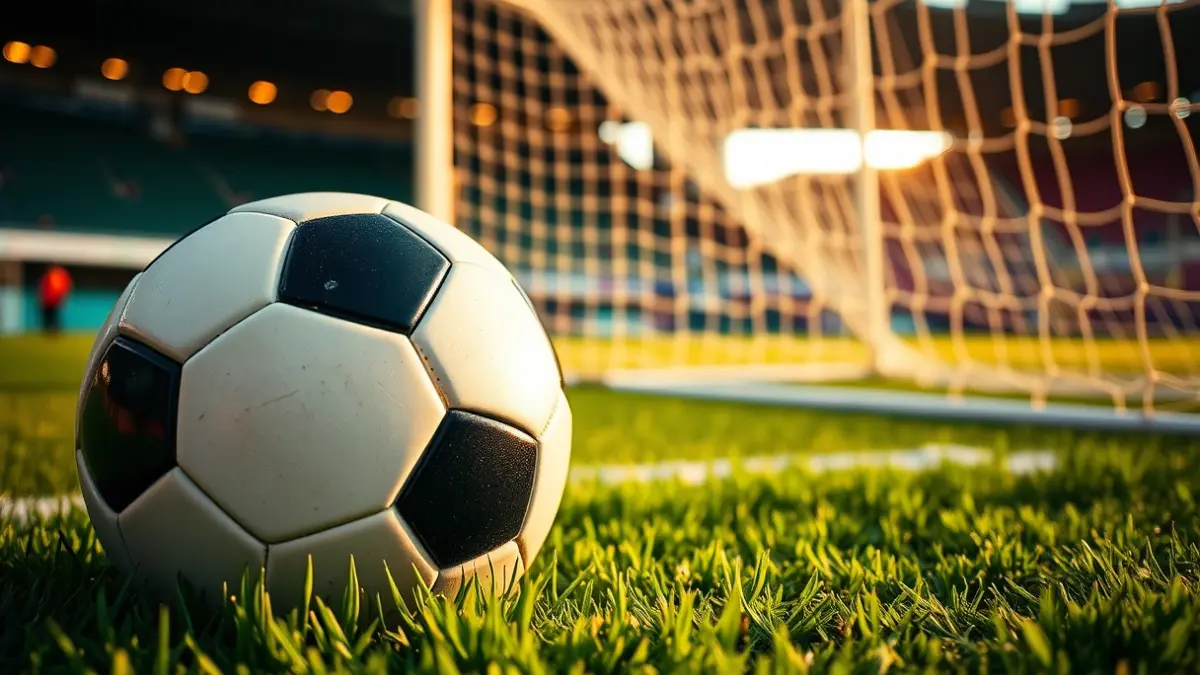 Imatge genèrica d'una pilota de futbol sobre la gespa d'un camp, amb la porteria desenfocada al fons.
