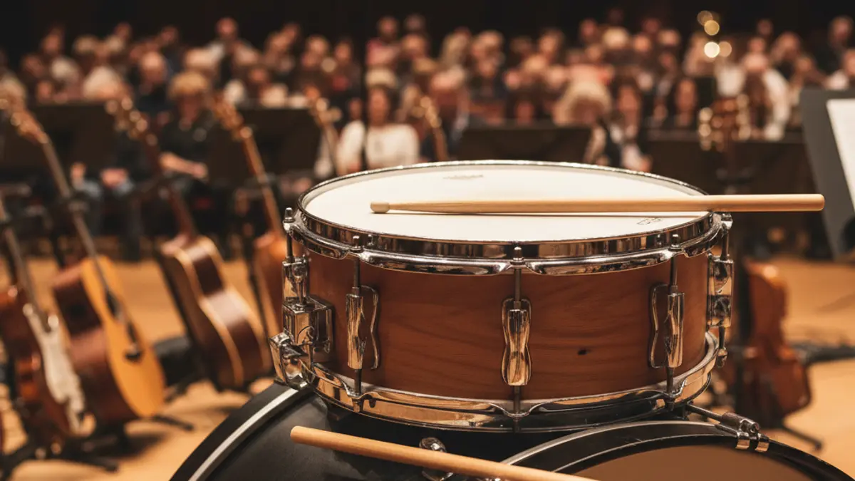 Imatge genèrica d'un tambor i un bombo en un auditori, amb instruments musicals desenfocats al fons.