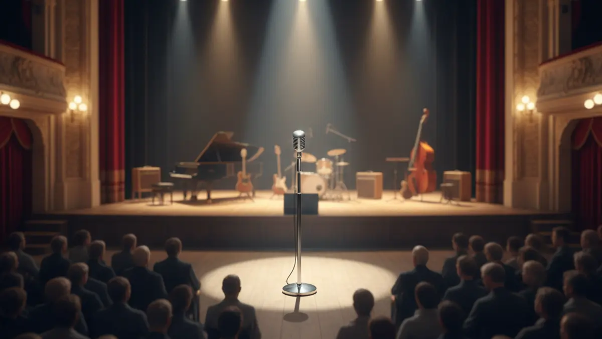 Imagen de un escenario de sala de conciertos con un micrófono e instrumentos, evocando nostalgia.