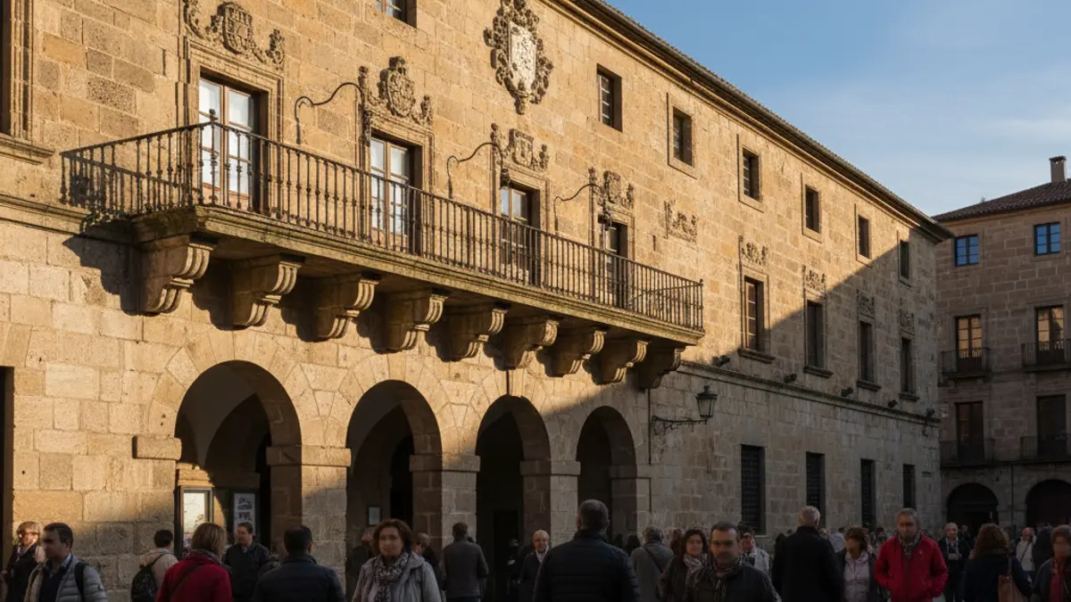 Stone town hall facade with ornate balcony and iron railings, warm afternoon sunlight casting shadows on the sandstone walls, blue sky, documentary photography style.