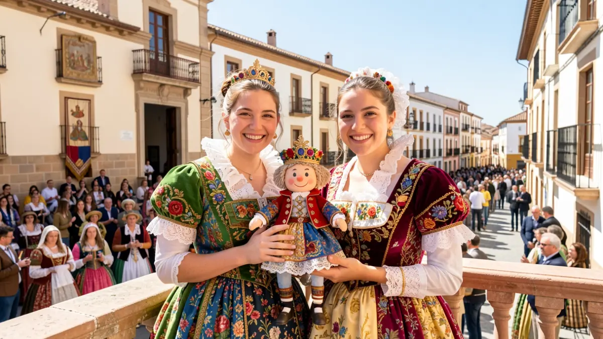 Les falleres majors de Gandia, Lidia Marín Marzal i Valentina Jordà Micó, en el balcó de l'Ajuntament.