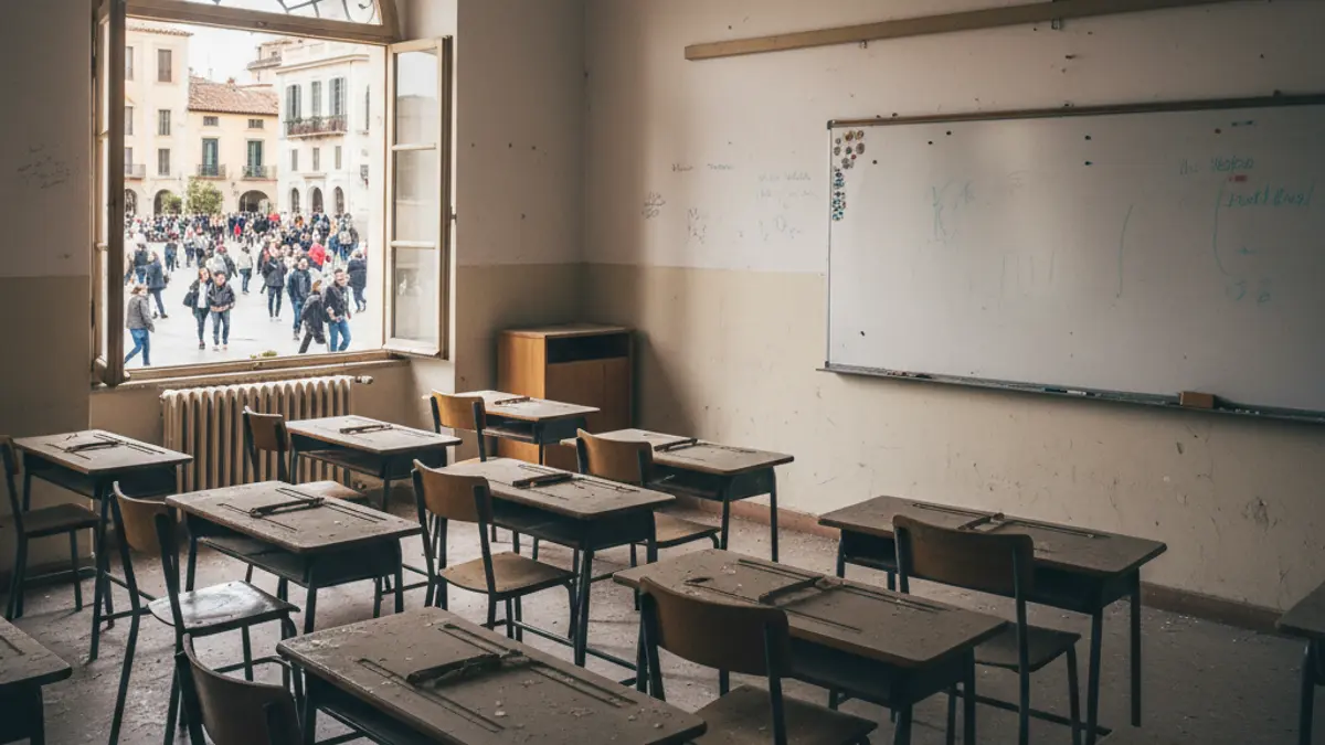 Imagen genérica de un aula vacía, simbolizando la reducción de grupos y la masificación en la educación pública.