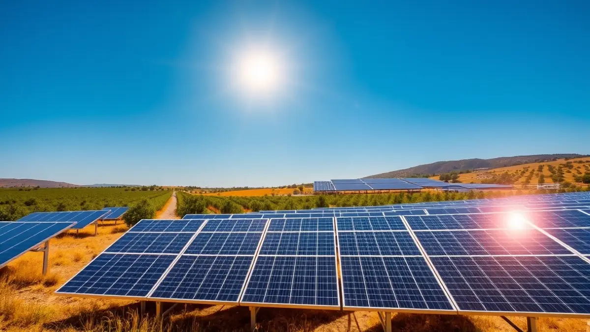 Imatge d'una planta fotovoltaica amb panells solars i un sistema d'emmagatzematge d'energia en bateries, en un paisatge valencià amb tarongers.