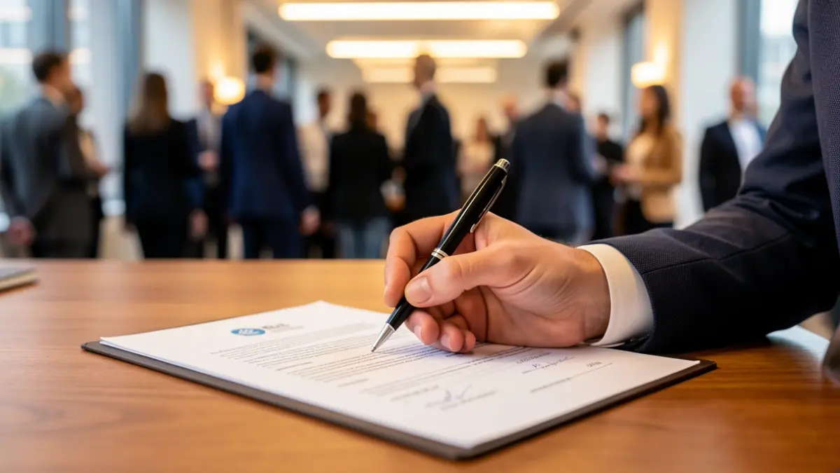 Imatge genèrica de la signatura d'un acord de finançament empresarial en una oficina.