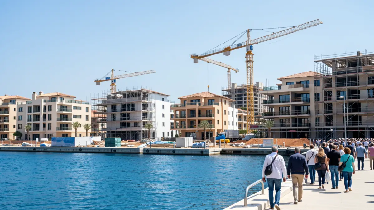 Imatge genèrica de la construcció d'una marina moderna amb edificis nous i grues.