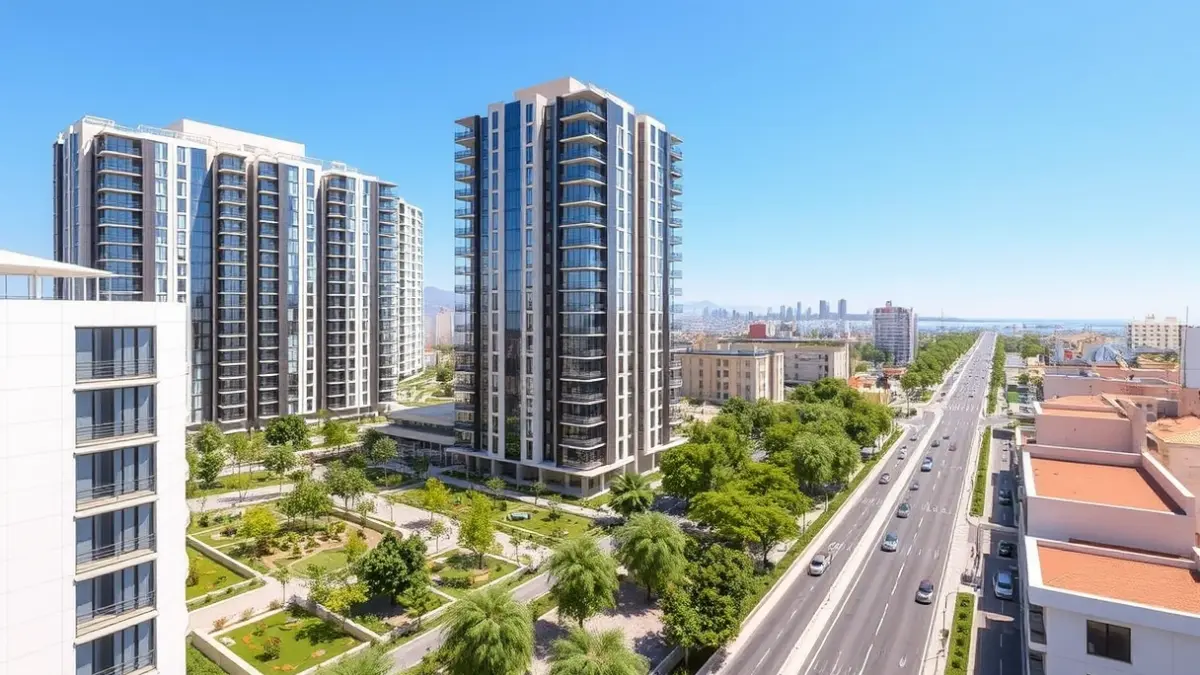 Image of a modern residential building with green areas and an urban avenue.