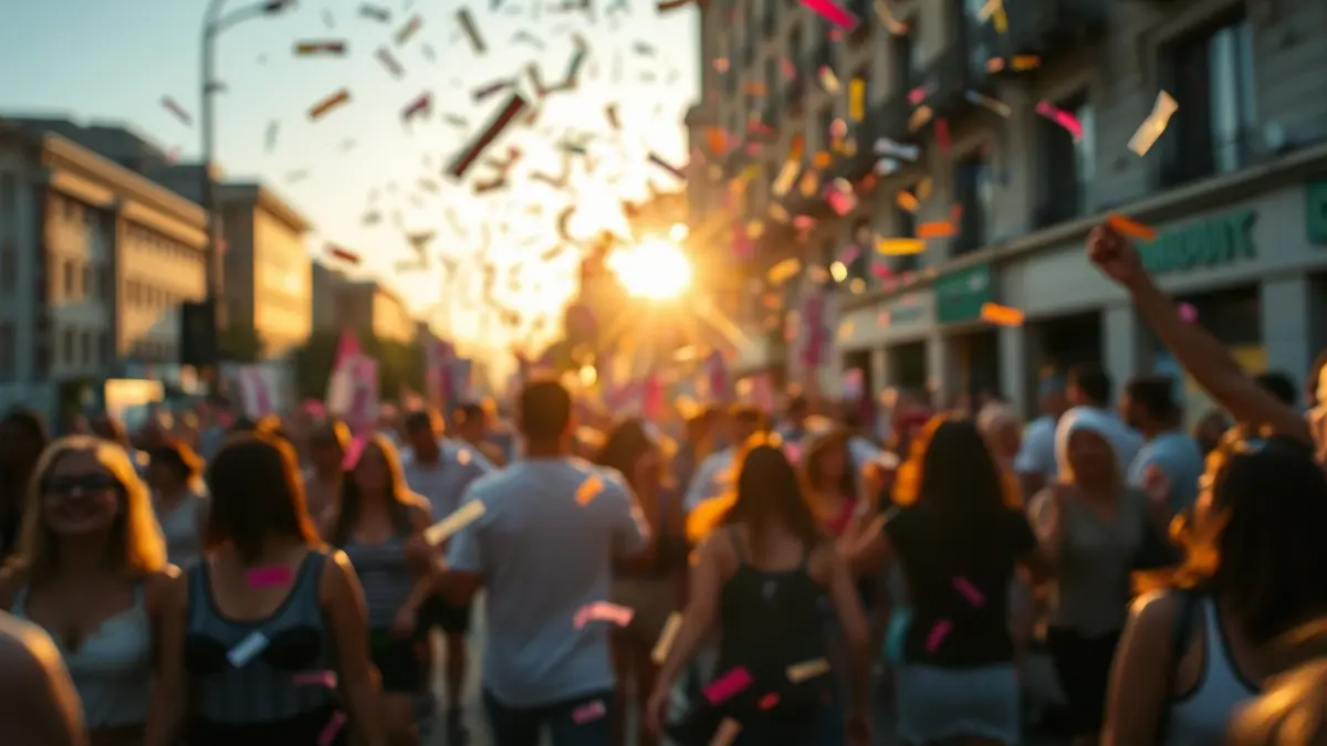 Imatge genèrica d'una manifestació o celebració amb confeti en l'aire i siluetes de persones.