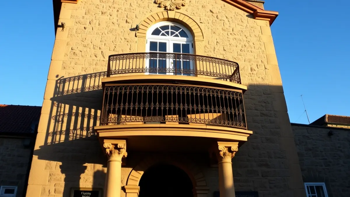 Fachada de un ayuntamiento de piedra con balcón ornamentado, bañada por la luz del sol de la tarde.