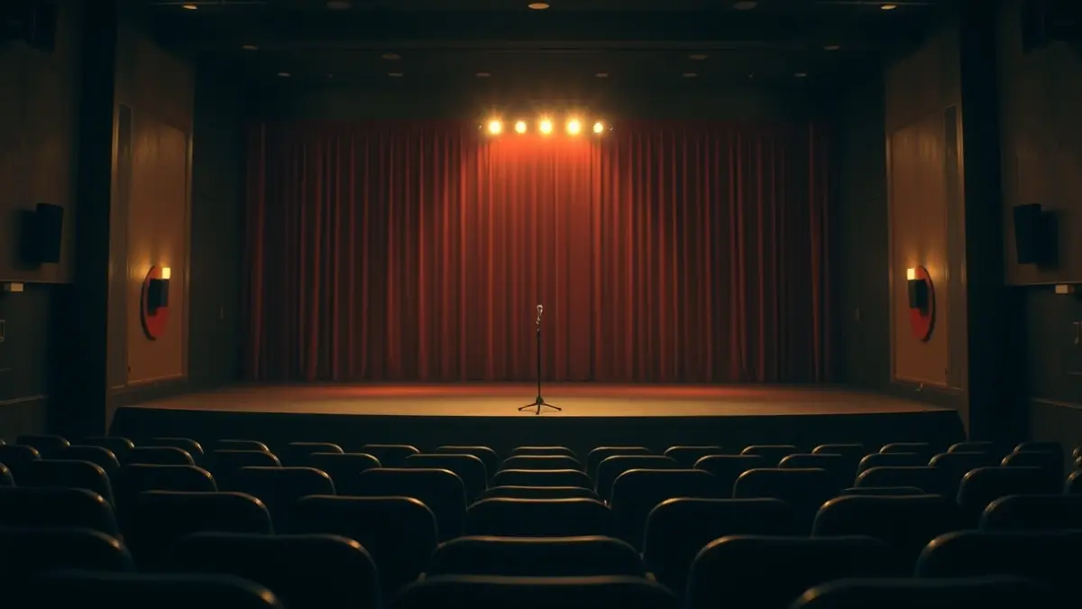 Imagen genérica de un escenario de teatro con un micrófono, iluminación cálida y asientos vacíos.