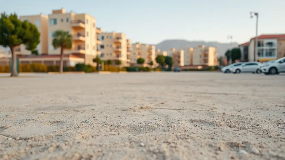 Imagen de una zona de aparcamiento sin asfaltar en una ciudad mediterránea, con polvo y grava dispersa.