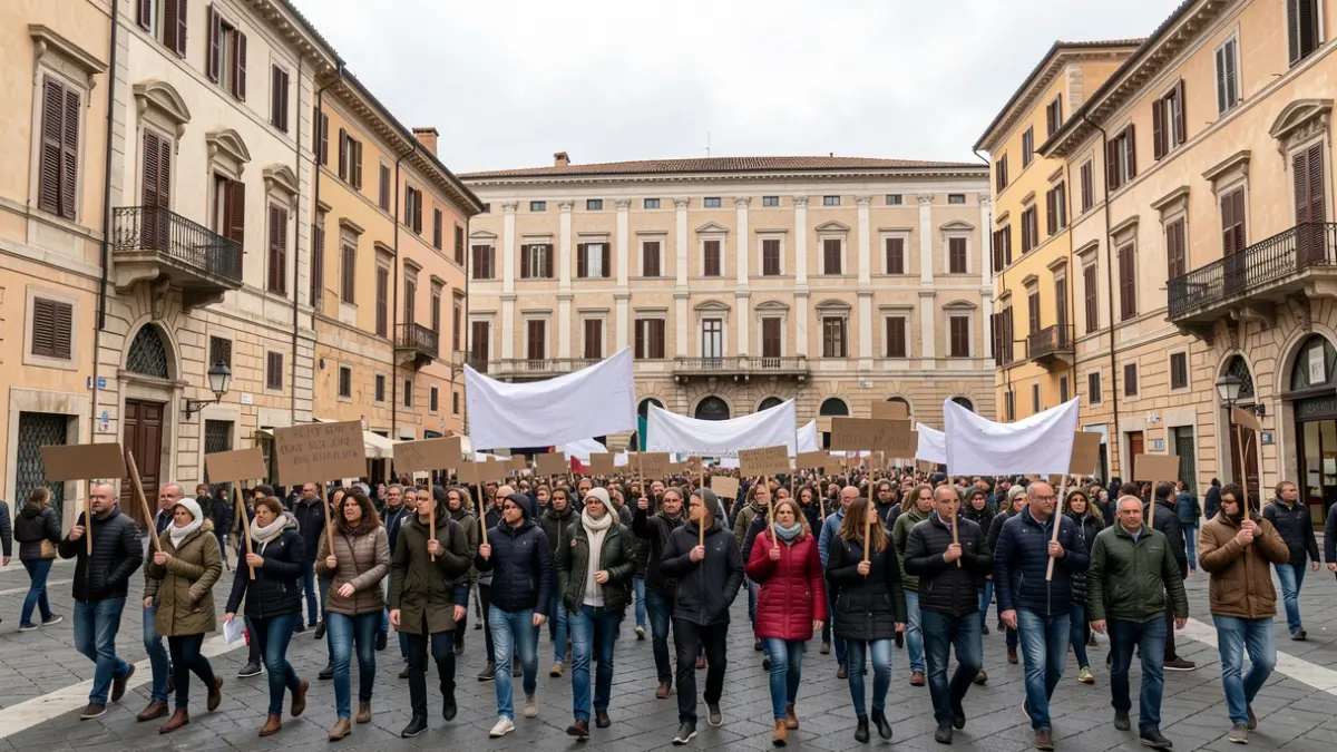 Generic image of protesters marching in a Mediterranean city square.