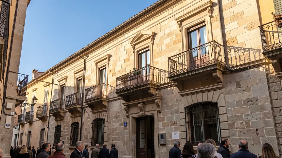 Generic image of a town hall with a balcony and iron railings, illuminated by the afternoon sun.