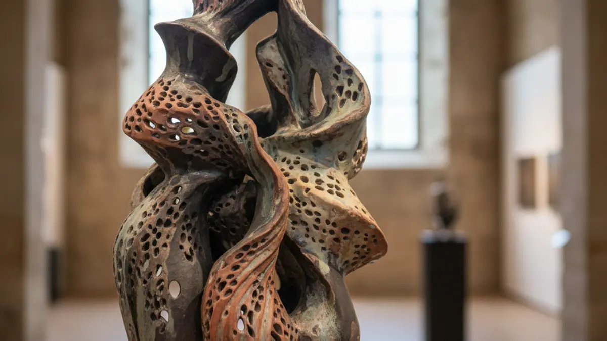 Generic image of a contemporary ceramic art piece, with intricate textures and abstract forms, displayed in a gallery with soft lighting.