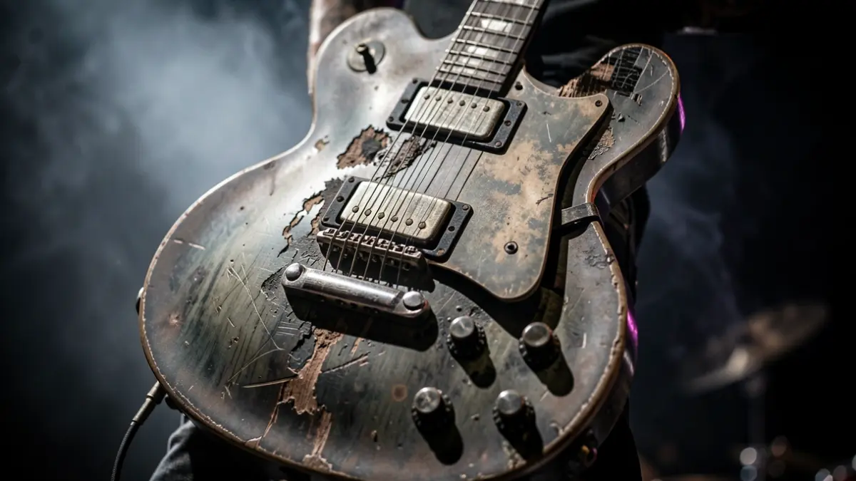 Imatge genèrica d'una guitarra de heavy metal en un ambient de concert.