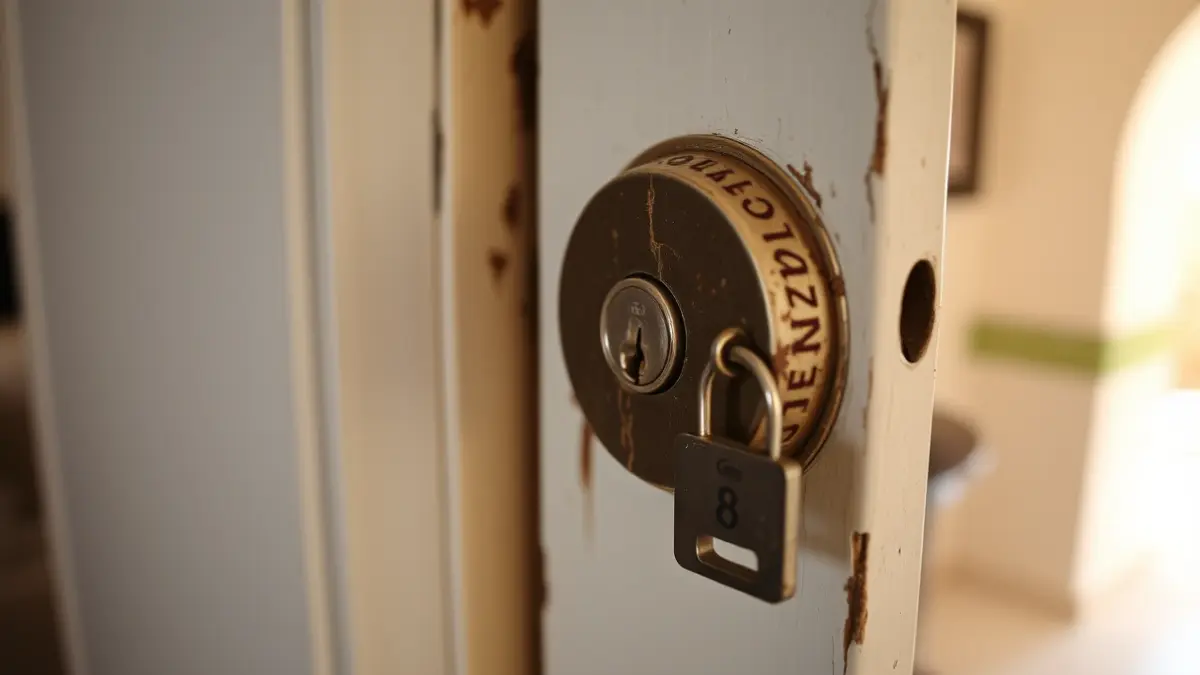 Generic image of a worn door lock with a key inserted, showing signs of frequent use in a Mediterranean home.